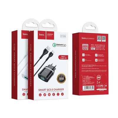 МЗП  C12Q Smart QC3.0 3A (1USB-A) + кабель USB to Type-C (Чорний) 00035260 Hoco