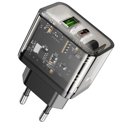Адаптер мережевий HOCO Dazzling dual-port N34 |1USB/1Type-C, 20W/3A, PD/QC| (transparent-black) 000009990 Hoco