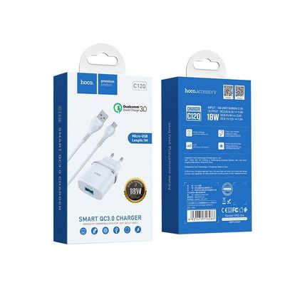 МЗП  C12Q Smart QC3.0 3A (1USB-A) + кабель USB to MicroUSB (Білий) 27925 Hoco