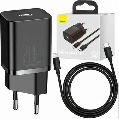 МЗП  Super Silicone Quick Charger 20W (Type-C) + With Cable Type-C to Lightning (black) 30697 Baseus