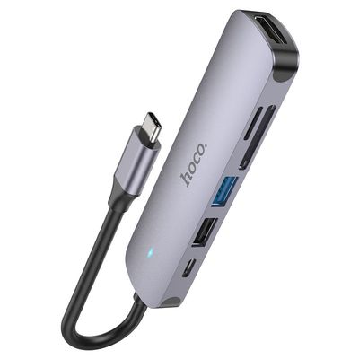 Перехідник  HB28 Multi-function 6in1 (Type-C to HDTV+USB3.0+USB2.0+SD+TF+PD) (Metal gray) 64591 Hoco