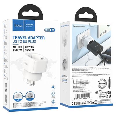 Мережевий перехідник  AC20 Direct US to EU 1500W/3750W (Білий) 56007 Hoco