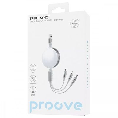 Кабель  Triple Sync 3 in 1 Type-C + Micro USB + Lightning (1.2m) (white) 55771 Proove