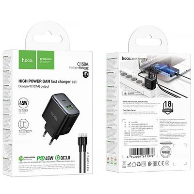 МЗП  C158A Upgrade PD45W (1USB-A/1C) + кабель Type-C to Type-C (Black) 789431 Hoco