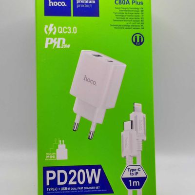 МЗП  C80A Rapido + Cable (Type-C to Lightning) 20W PD+QC3.0 Type-C + USB (white) 29800 29800 Hoco
