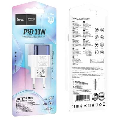 Мережевий адаптер  C131A Platinum (1C1A) PD30W+QC3.0 (Чорний) transparent-blue 46293 Hoco